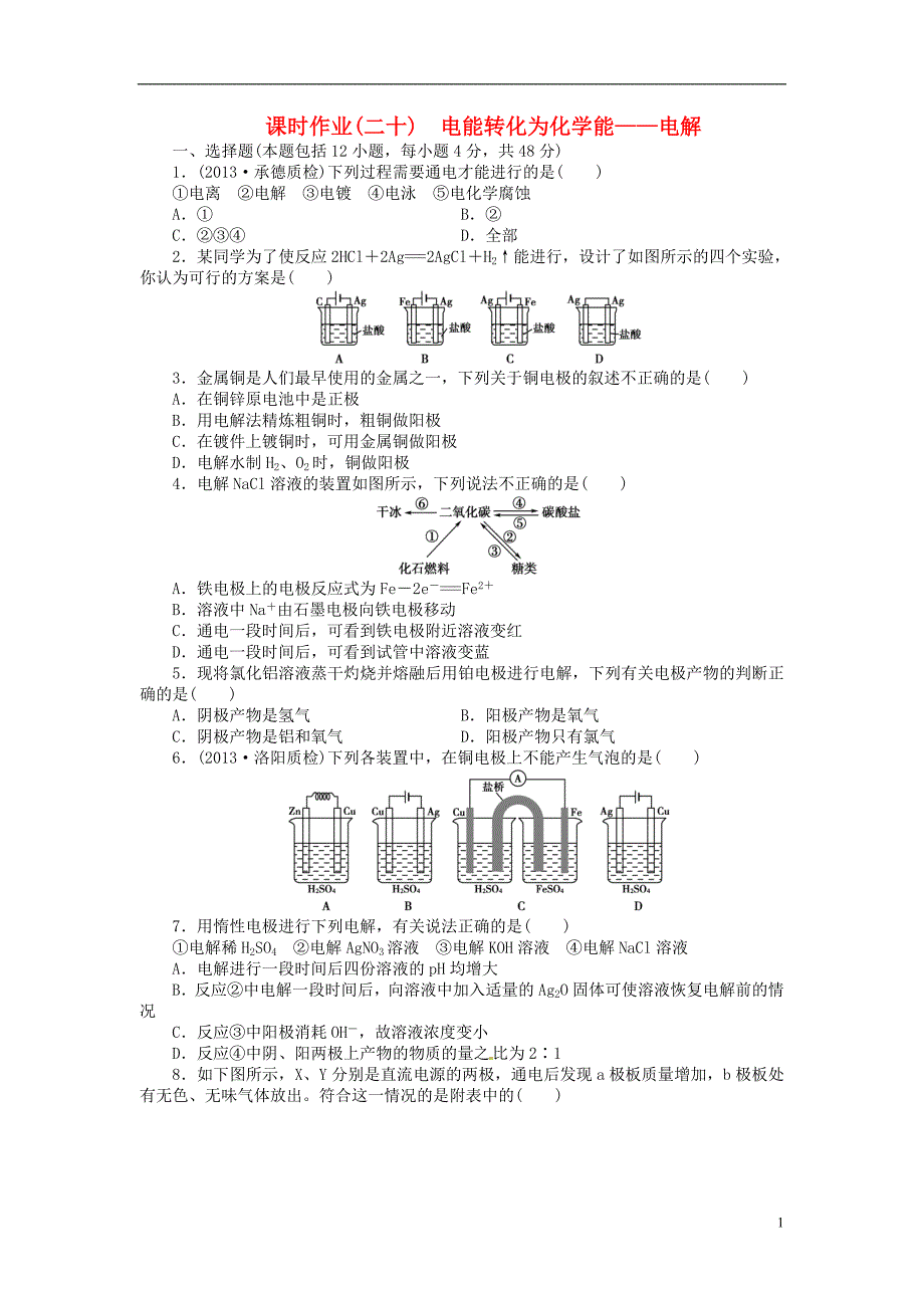 【金版新学案】高考化学总复习 课时作业二十 电能转化为化学能 电解 鲁科版_第1页