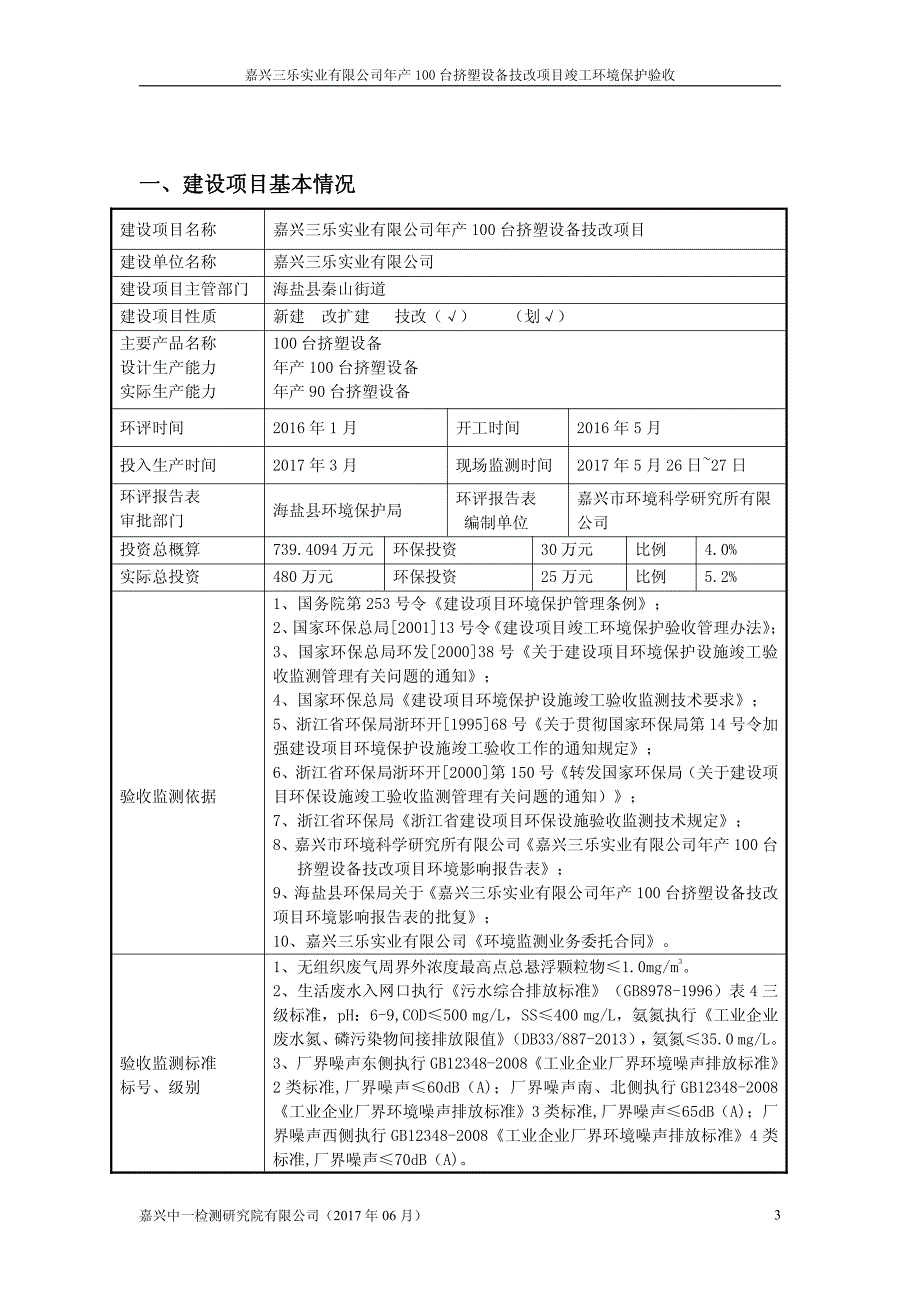 竣工环境保护验收报告：嘉兴三乐实业有限公司年产100台挤塑设备技改项目验收监测调查报告_第4页