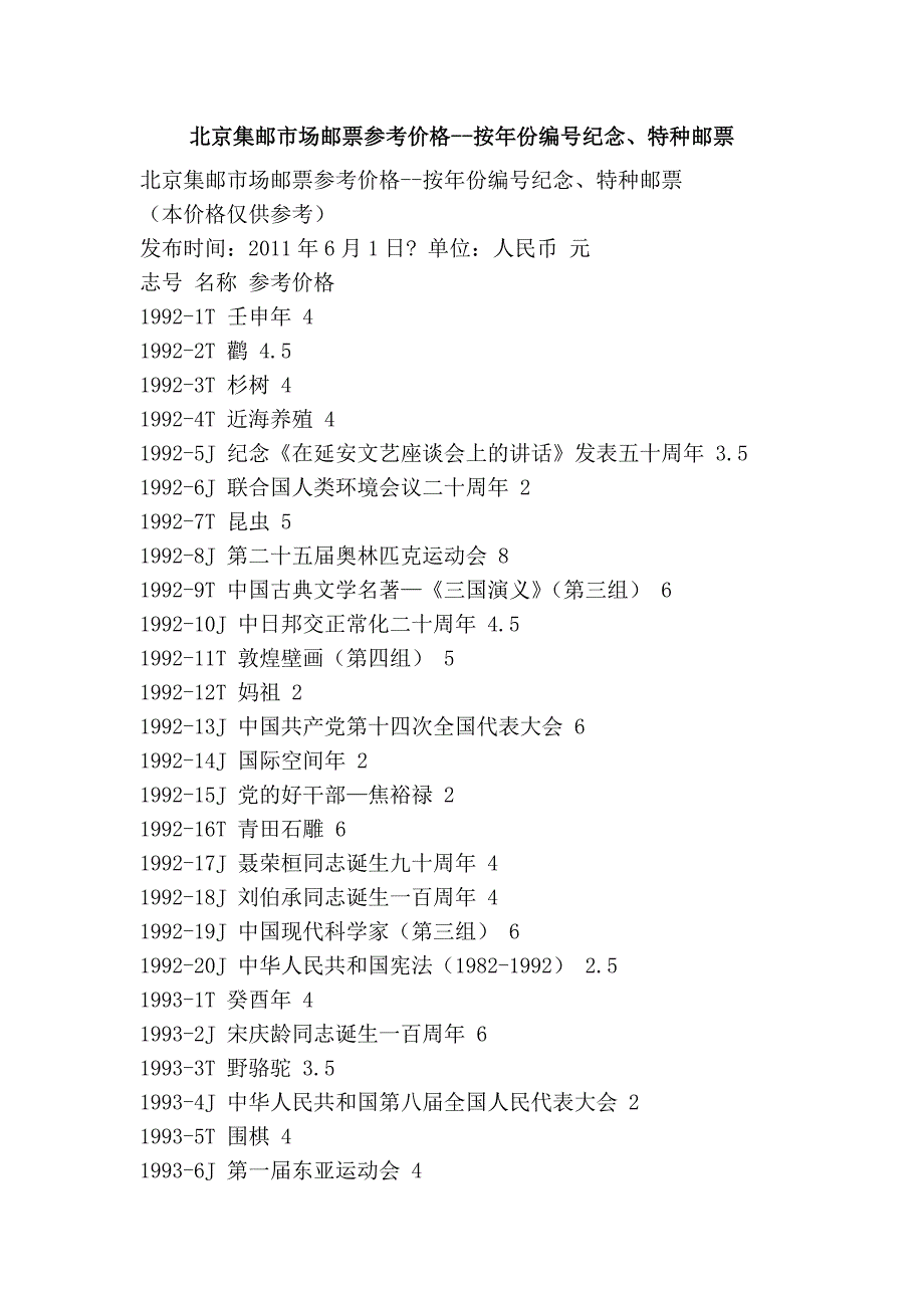 北京集邮市场邮票参考价格--按年份编号纪念、特种邮票_第1页