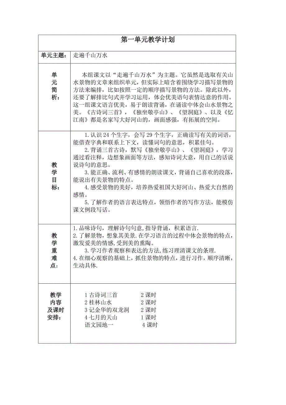 语文各单元教学计划_第1页