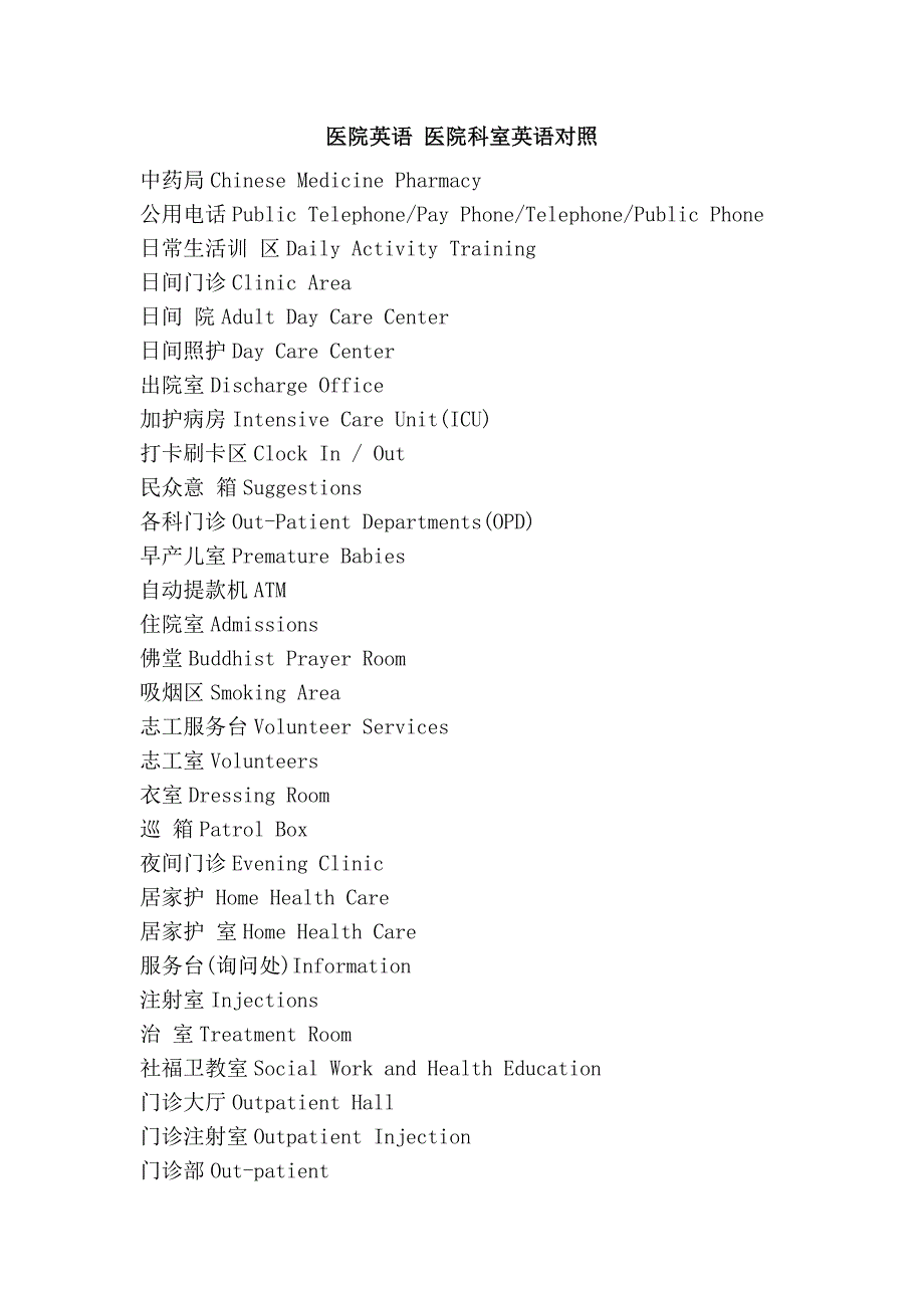 医院英语 医院科室英语对照_第1页