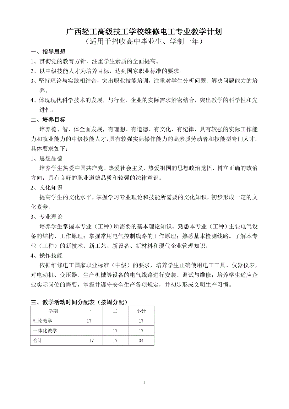 维修电工专业教学计划(高一年)_第1页