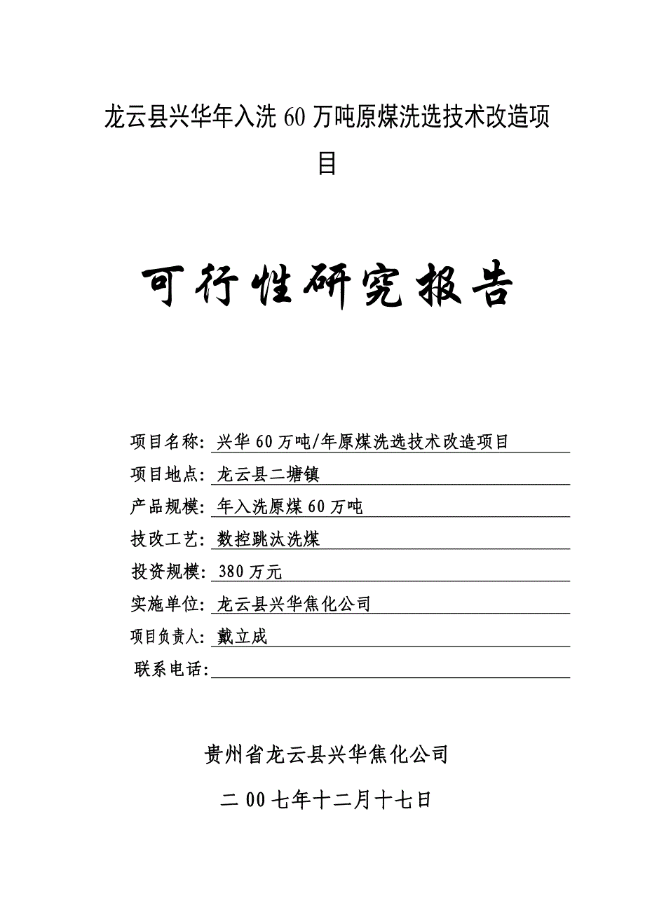 洗精煤厂建设项目可行生研究报告_第1页