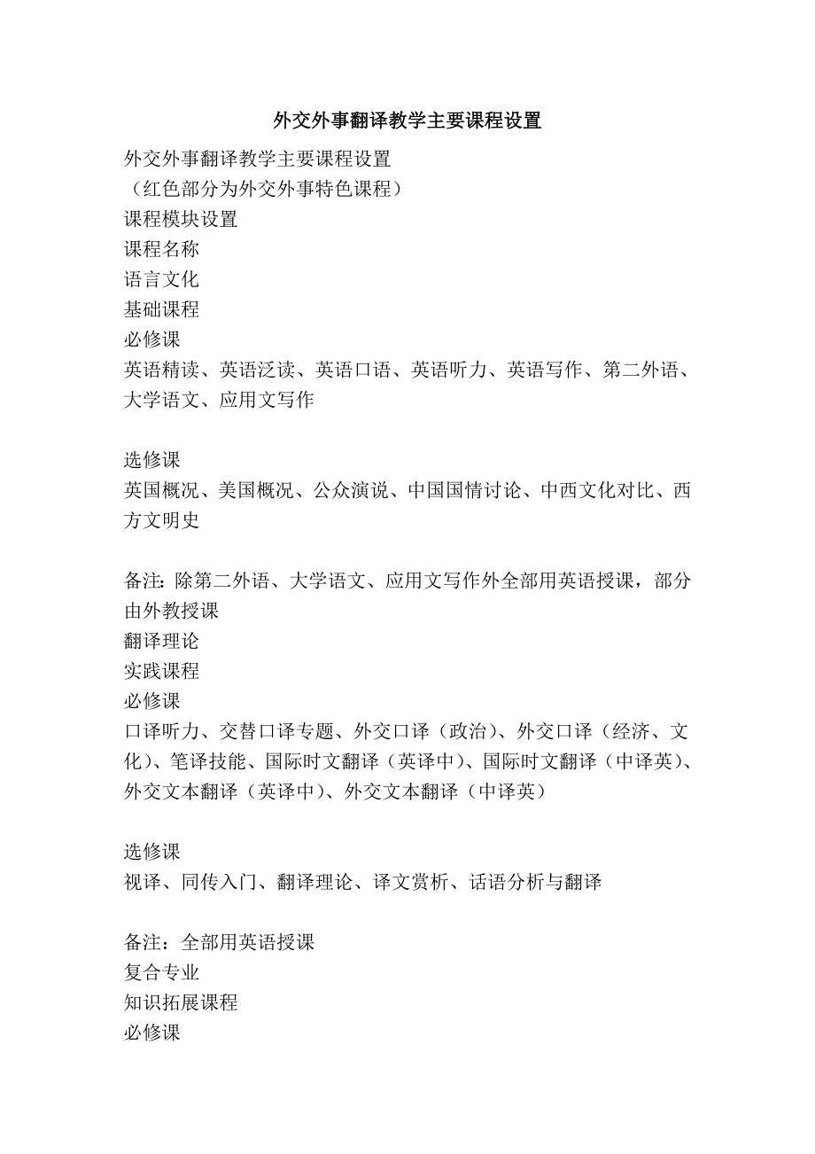 外交外事翻译教学主要课程设置_第1页