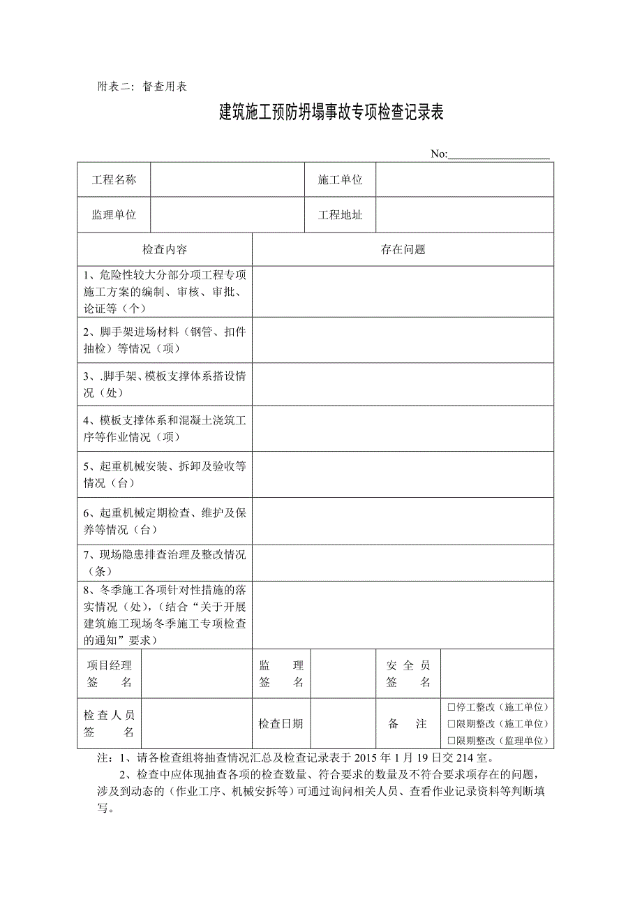 建筑施工预防坍塌事故专项检查记录表（监督用表）_第1页