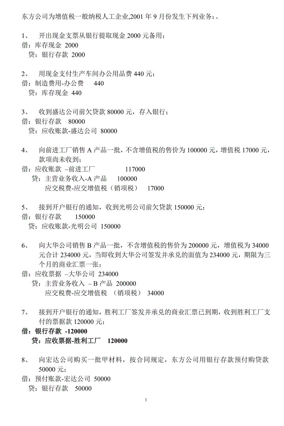 东分公司会计分录练习题_第1页