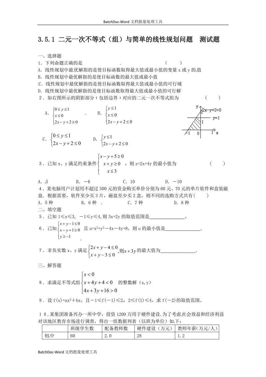 2013新人教b版必修五3.5.1《二元一次不等式（组）所表示的平面区域》word同步测试1_第1页