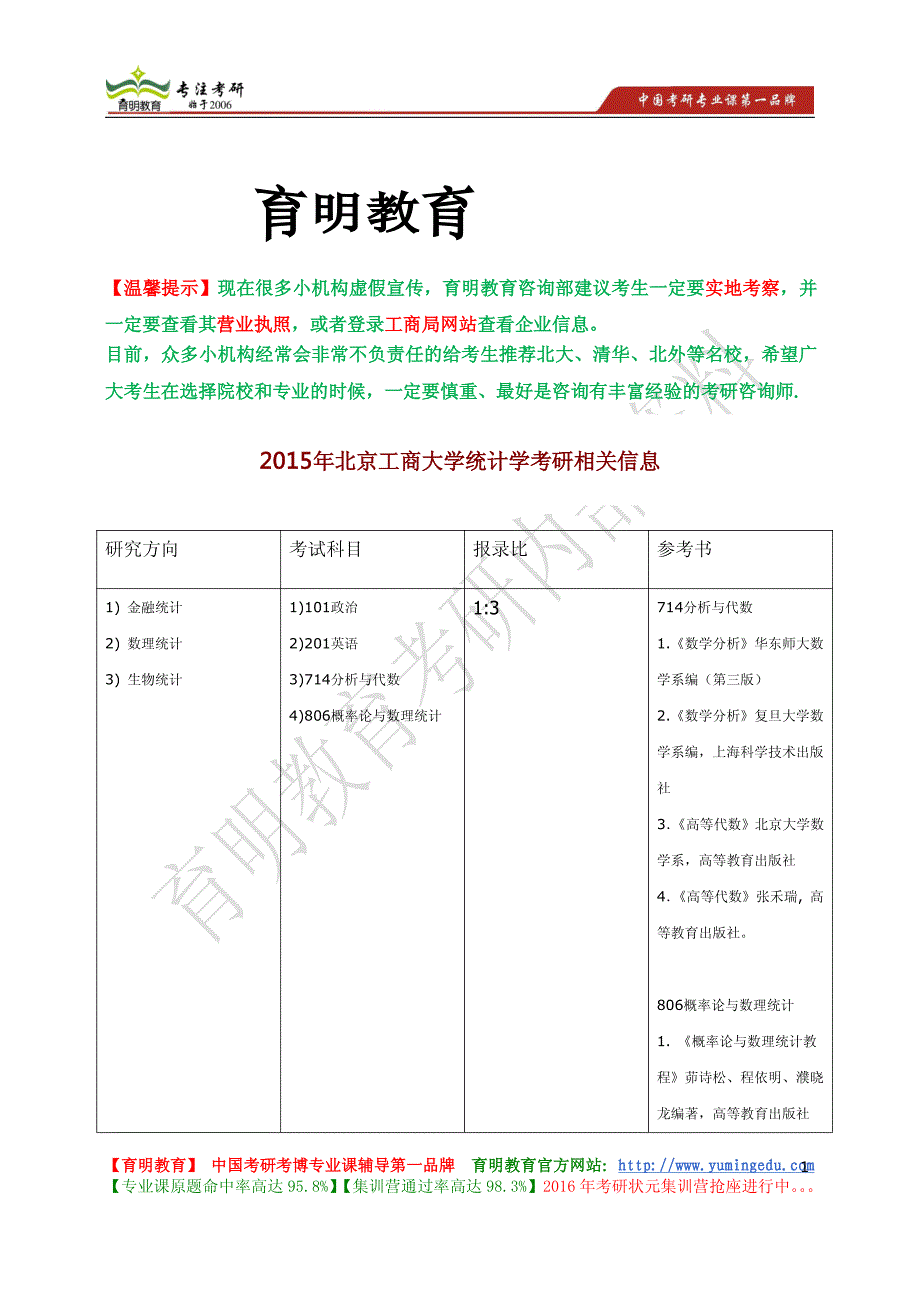 2015年北京工商大学理学院统计学考研参考书,考研报录比,考研招生简章_第1页