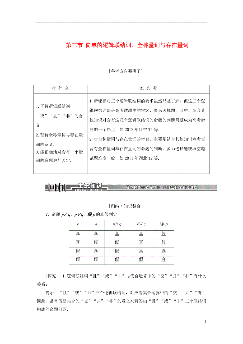 2014高考数学一轮汇总训练《简单的逻辑联结词、全称量词与存在量词》理 新人教A版_第1页