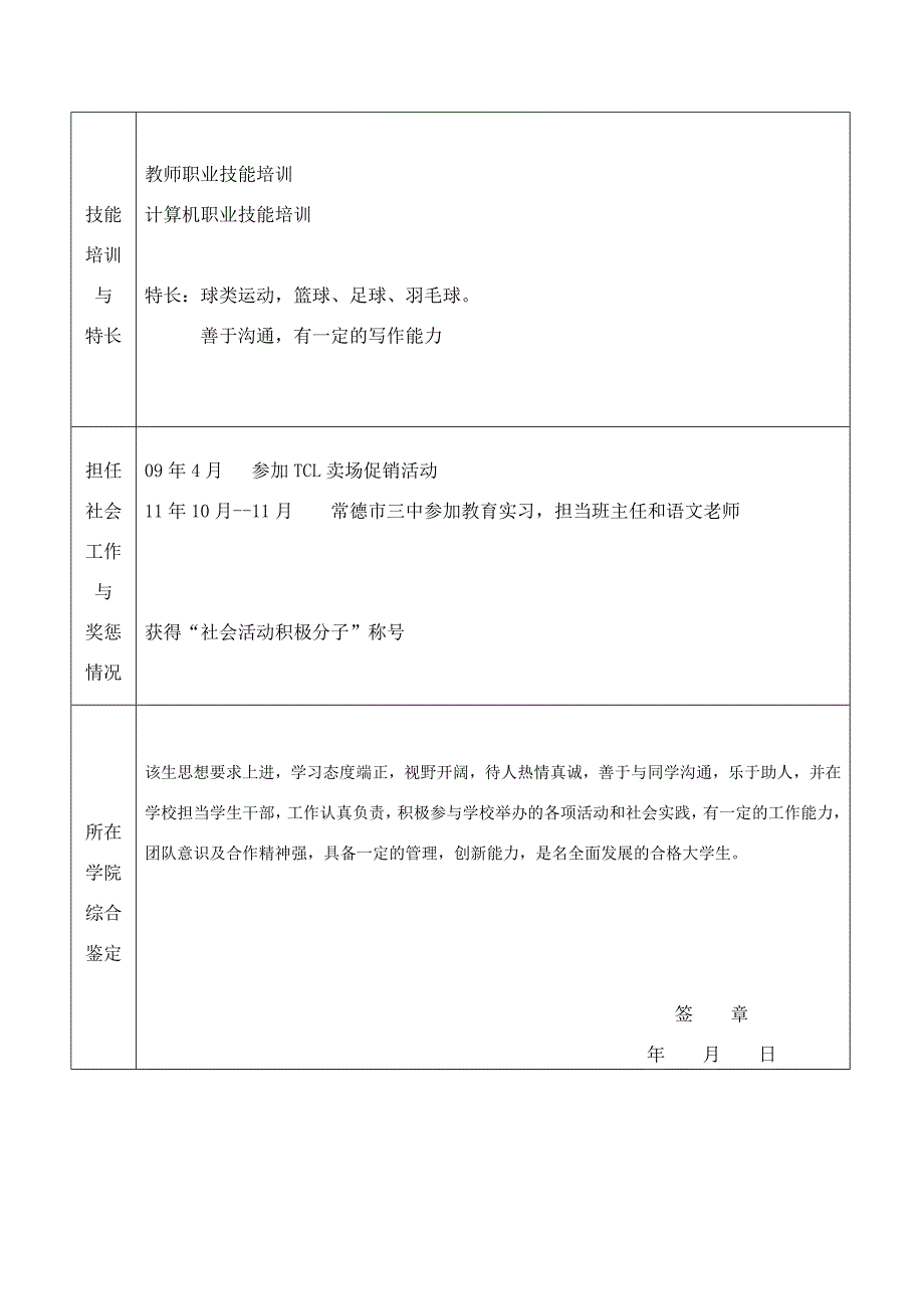 湖南文理学院毕业生就业推荐表_第4页