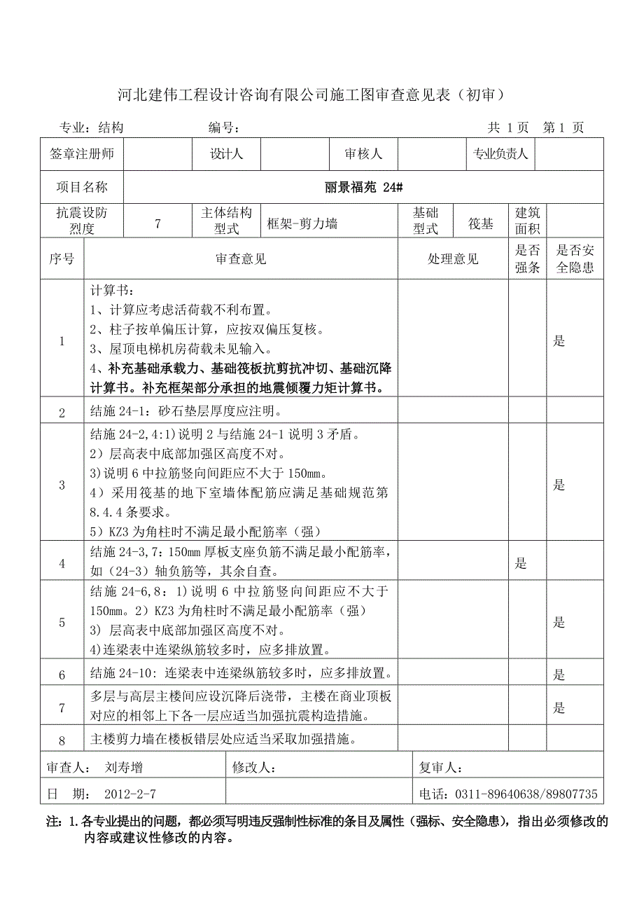 结构-丽景福苑24#审查意见_第1页