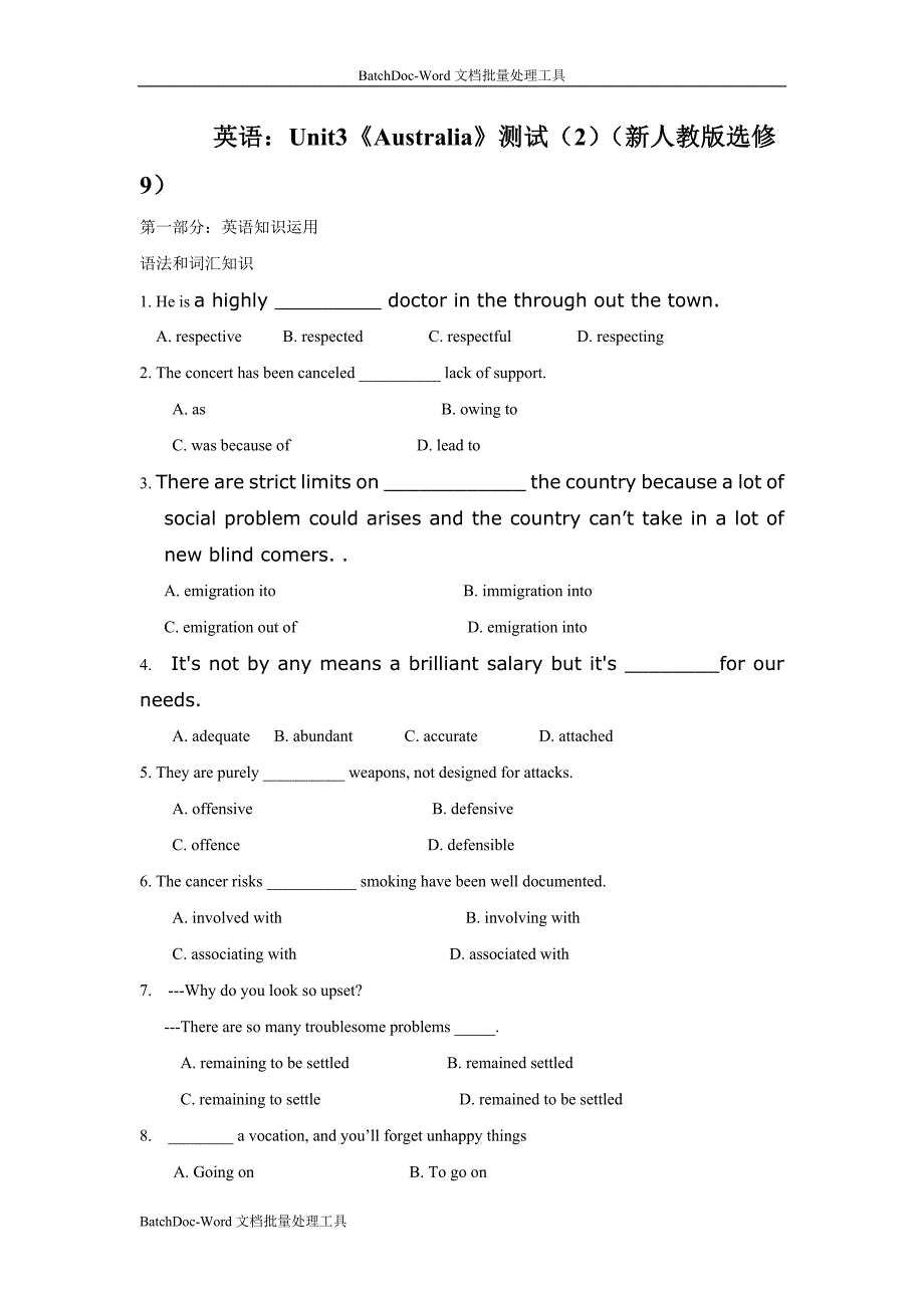 2013人教版选修九unit3《australia》word测试_第1页