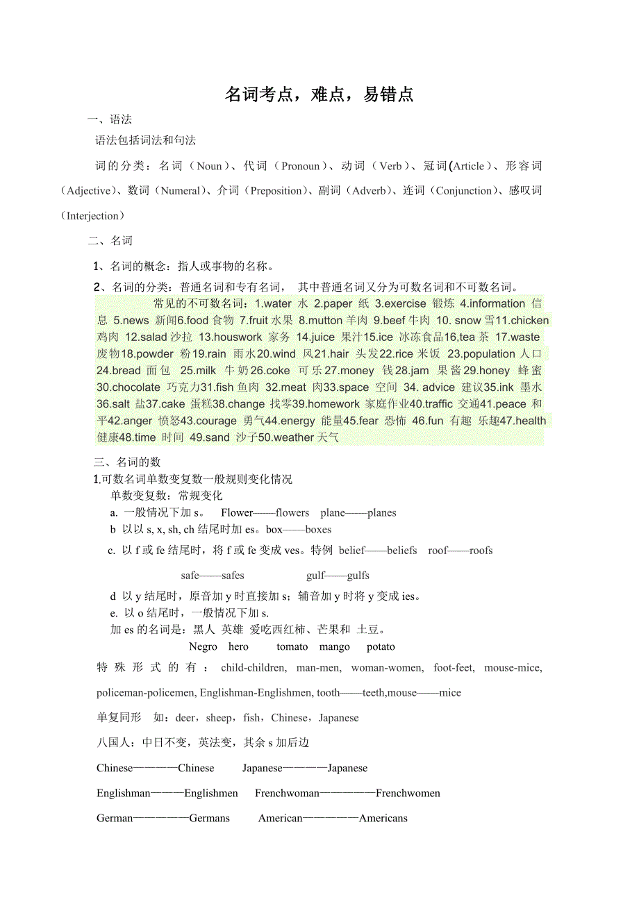 中考英语必备 名词重难点_第1页