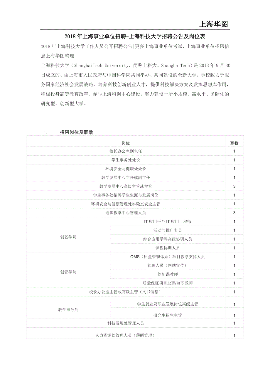 2018年上海事业单位招聘-上海科技大学招聘公告及岗位表_第1页