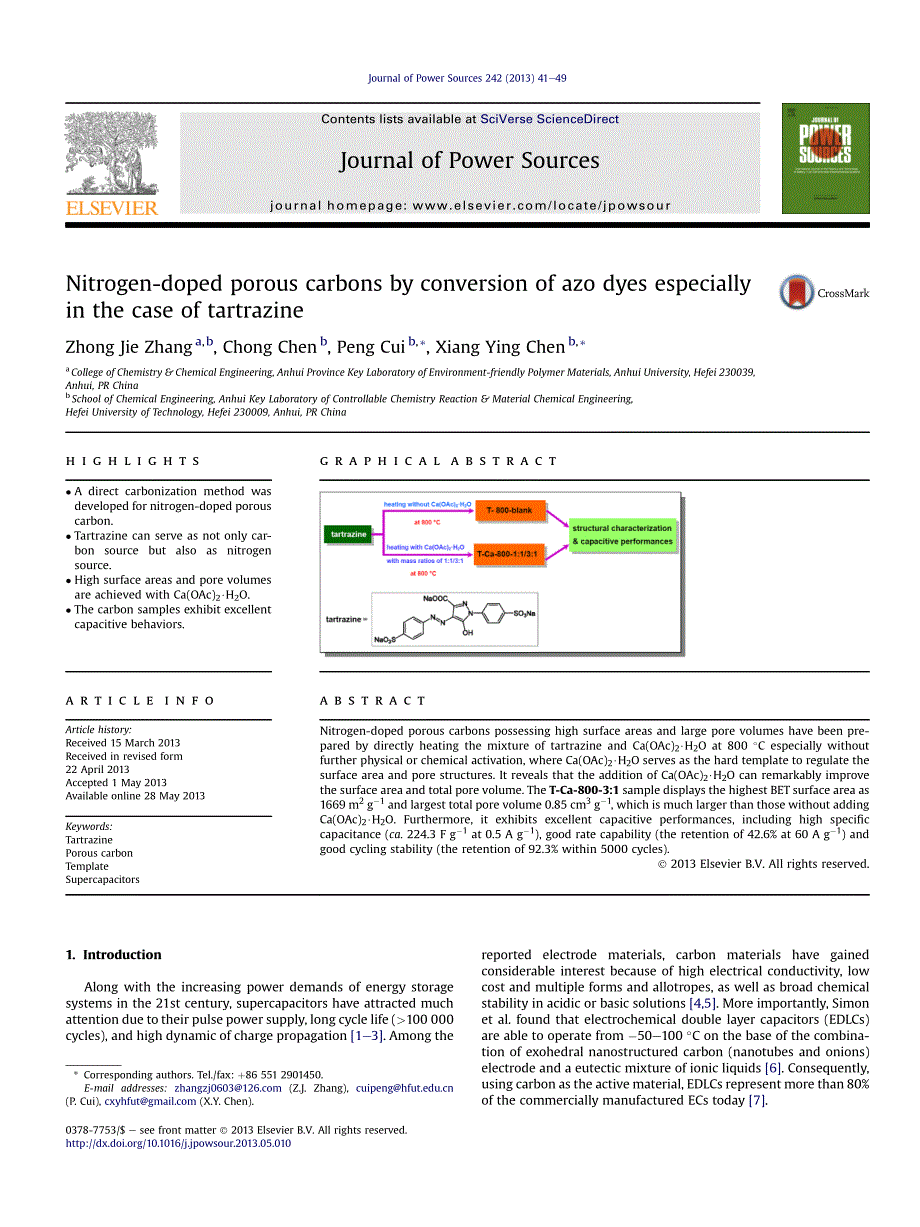 直接炭化柠檬黄合成多孔炭材料_第1页