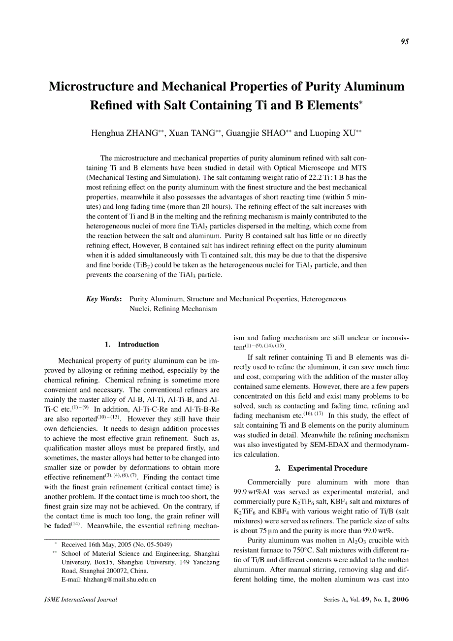 microstructure  mechanical properties purity aluminum refined with salt containing ti and b elements1_第1页