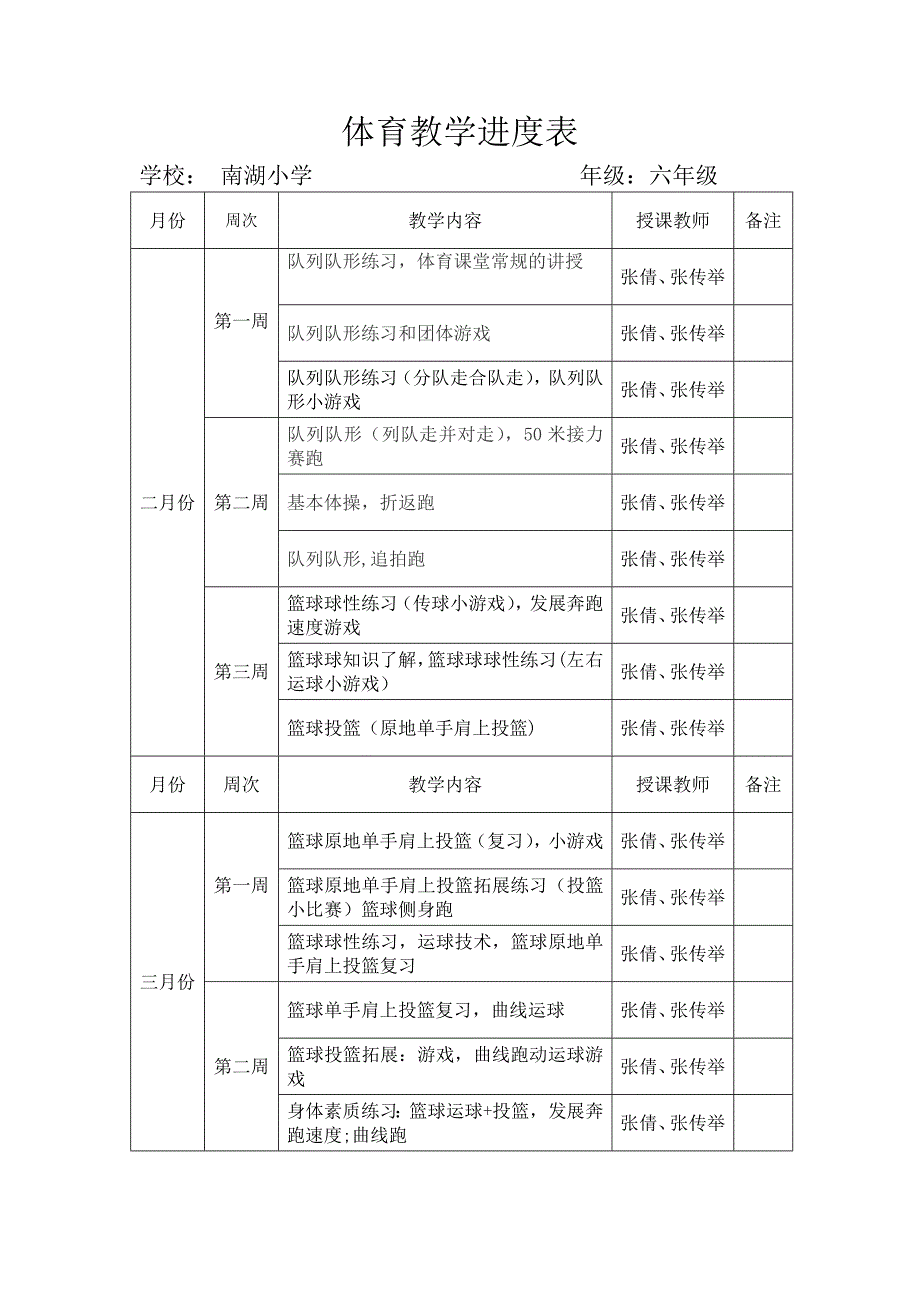 南湖小学六年级体育教学进度表_第1页