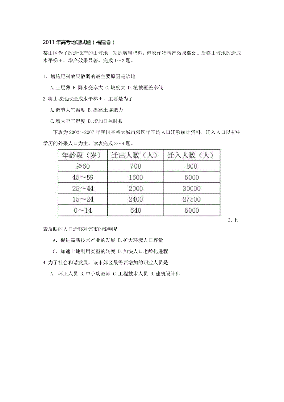 福建省高考2011年地理试题(含答案)_第1页