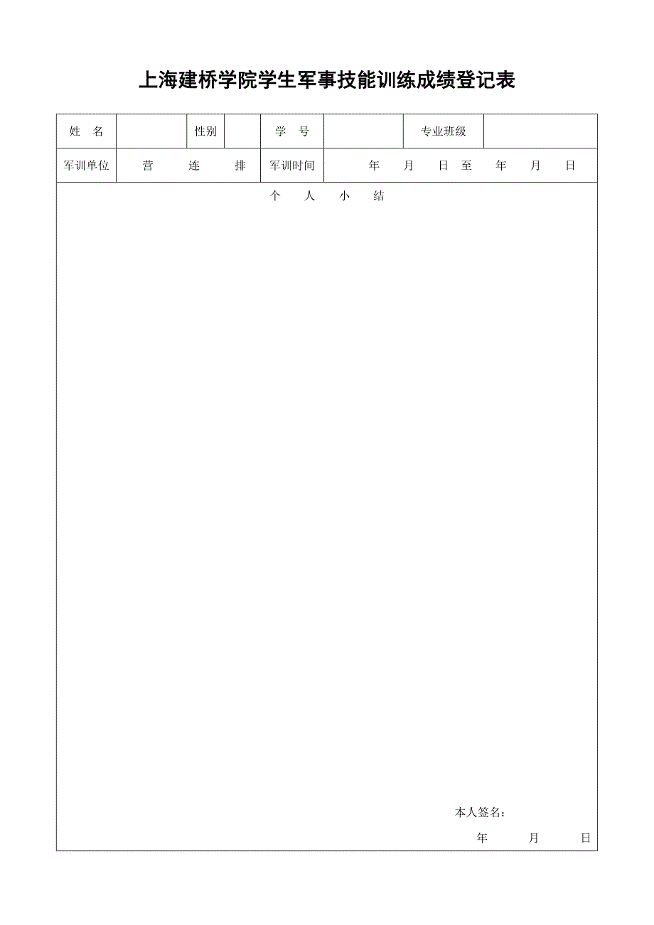 上海建桥学院学生军事技能训练成绩登记表_第1页