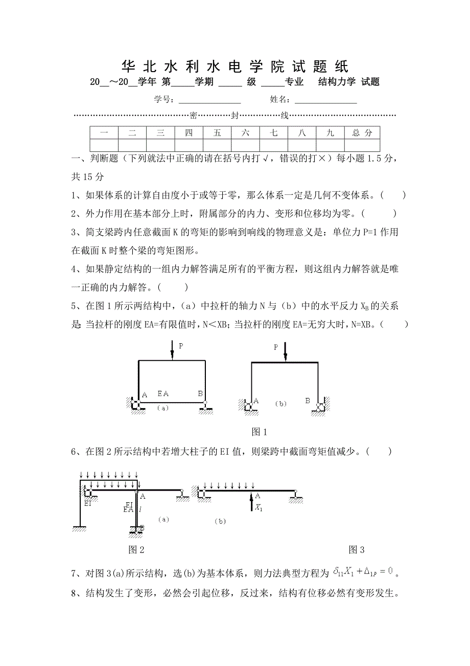 结构力学 华北水利水电学院试题纸 _第1页