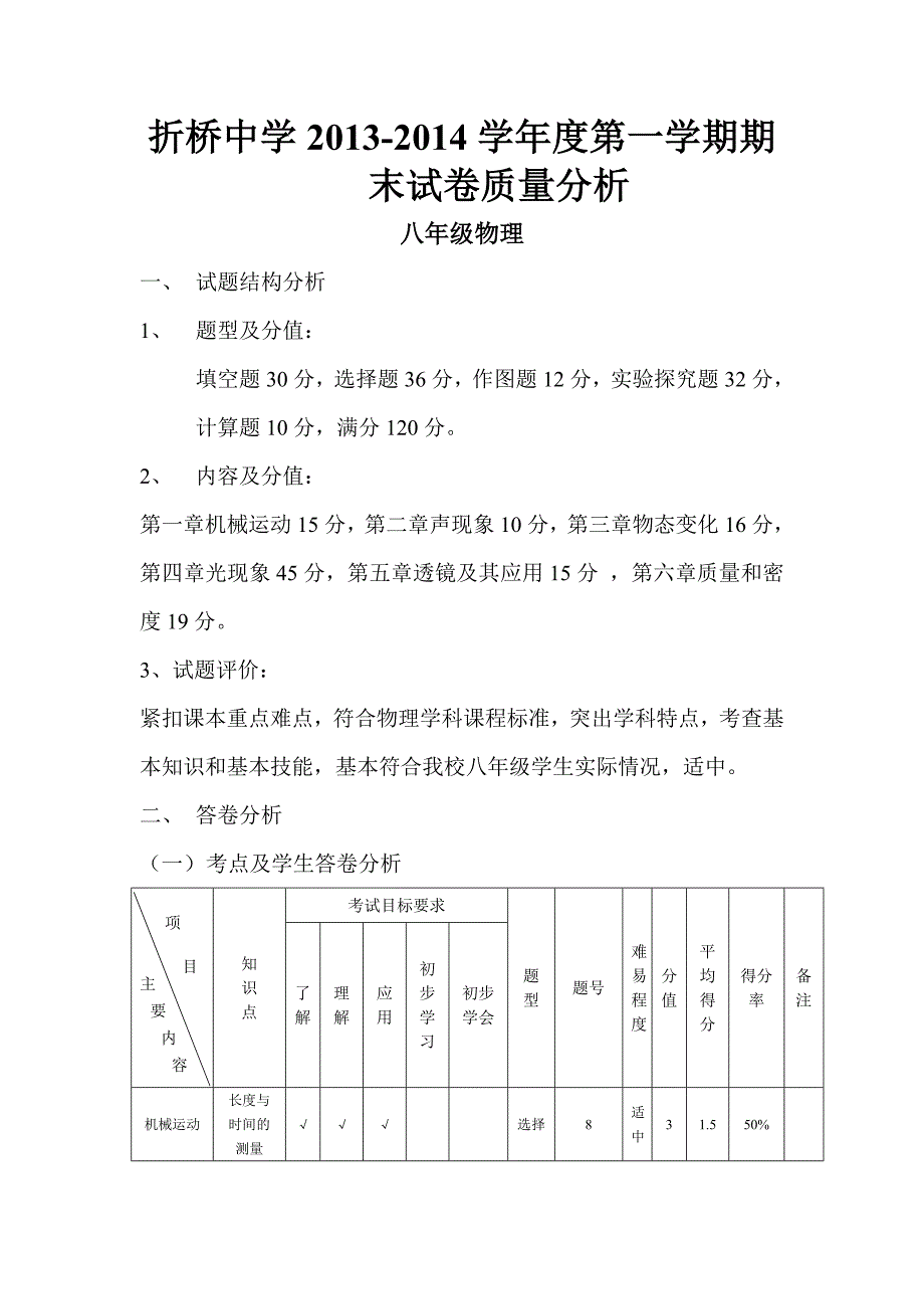 八年级物理期末卷面分析。_第1页