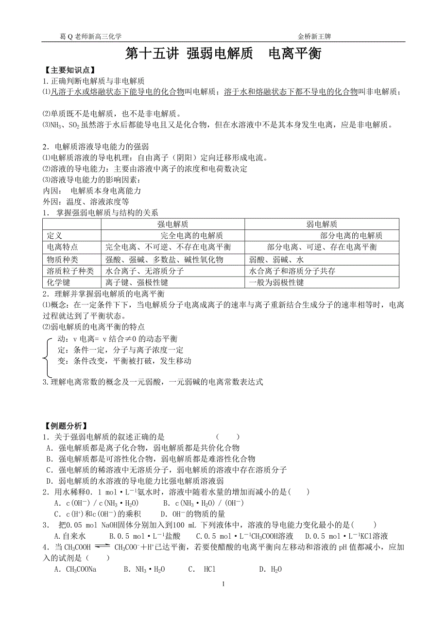 浦东金桥补习班高中化学强弱电解质  电离平衡a_第1页