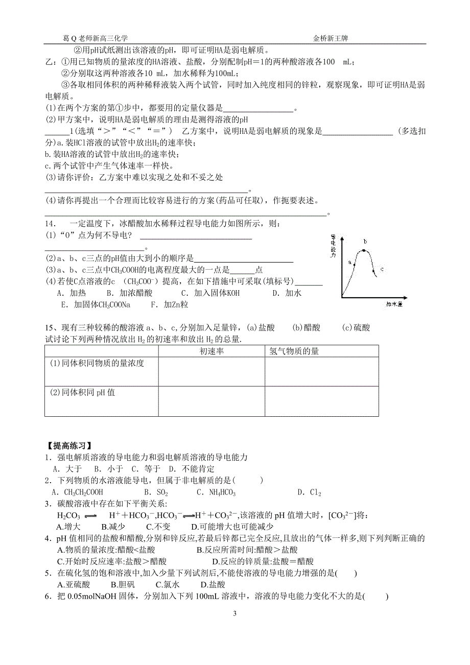 浦东金桥补习班高中化学强弱电解质  电离平衡a_第3页