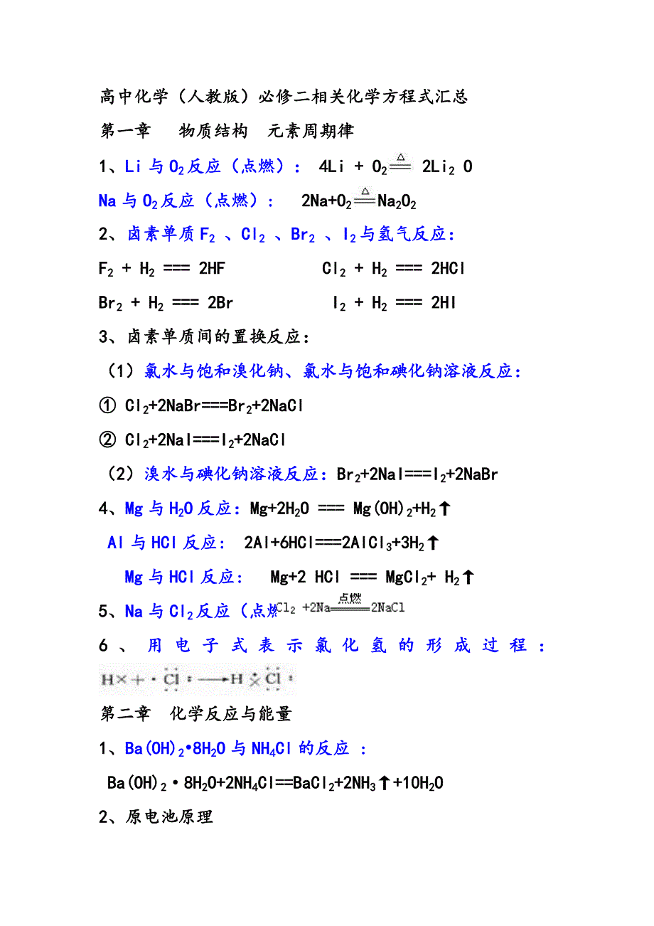 高中化学必修二方程式总结(人教版)_第1页