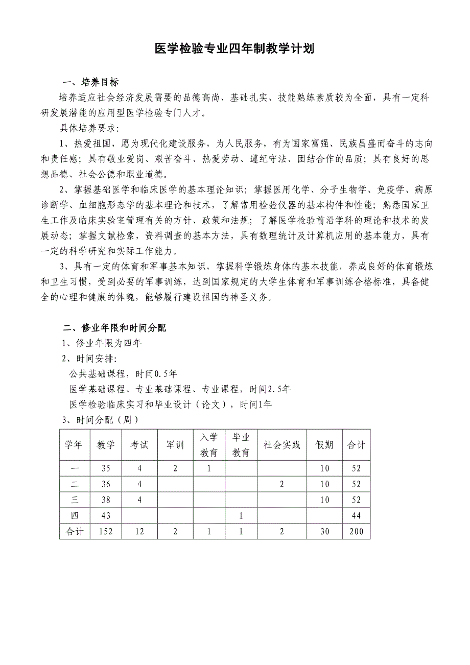 医学检验专业四年制教学计划_第1页