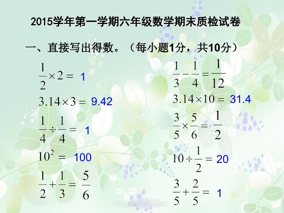 2015学年第一学期六年级数学期末质检试卷(原)_第1页