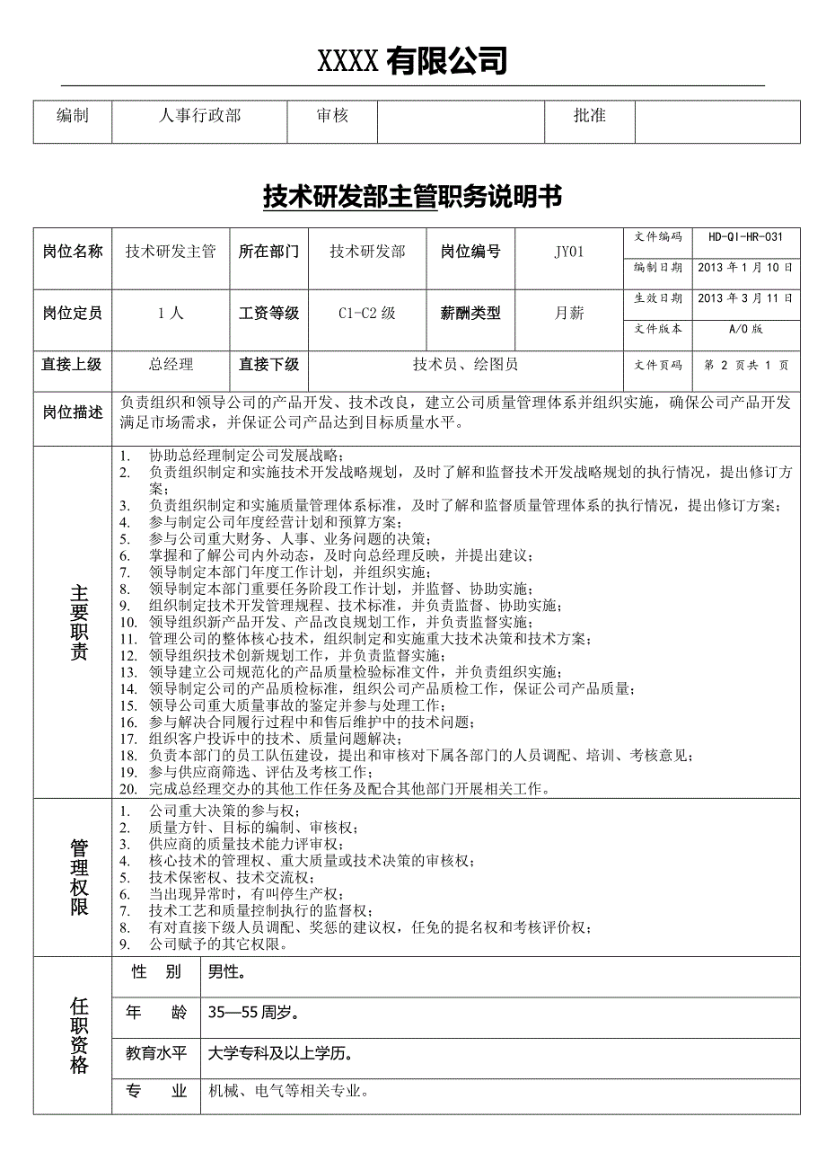 公司各部门职能说明书(技术研发、营销、质管、生产、财务、仓库)_第2页