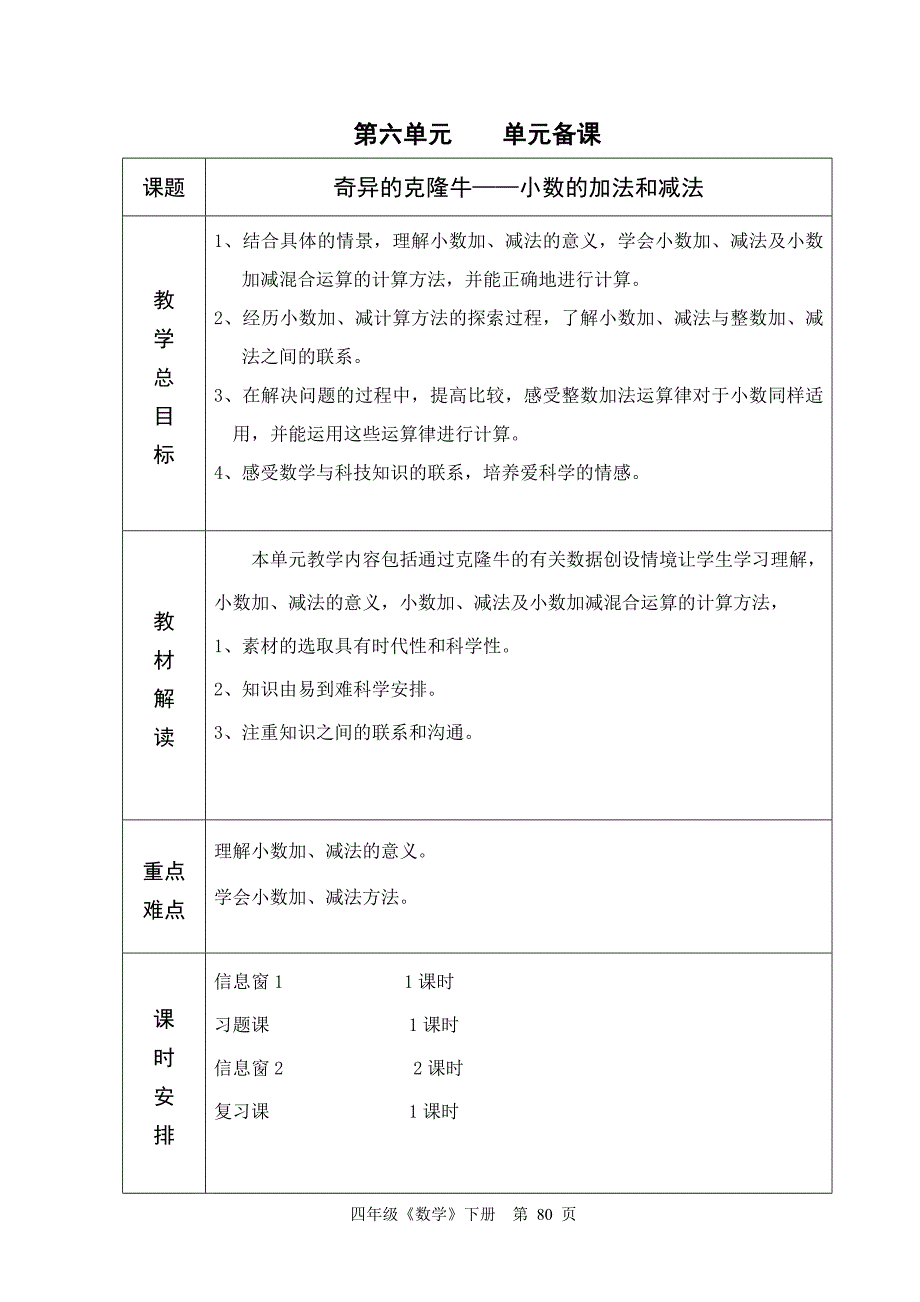 青岛版六年制四年级数学6单元教学设计80-88_第1页