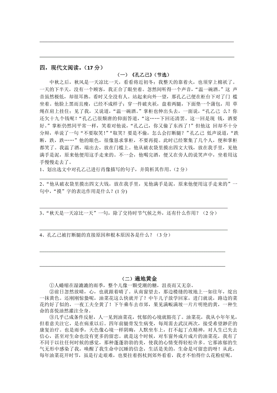 平桥中学2012年人教版九年级第二学期第一次阶段考试语文试卷_第3页