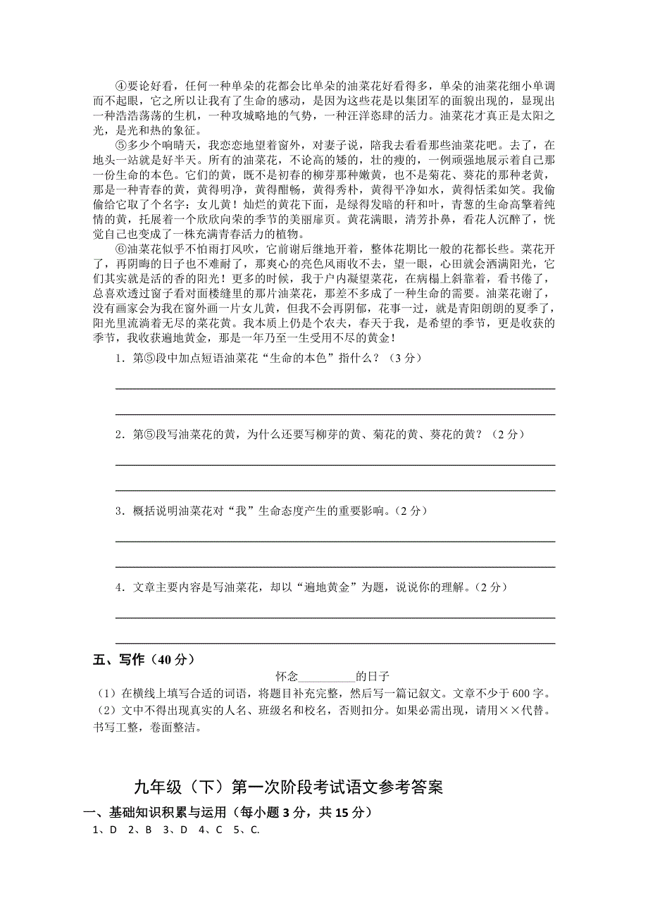 平桥中学2012年人教版九年级第二学期第一次阶段考试语文试卷_第4页