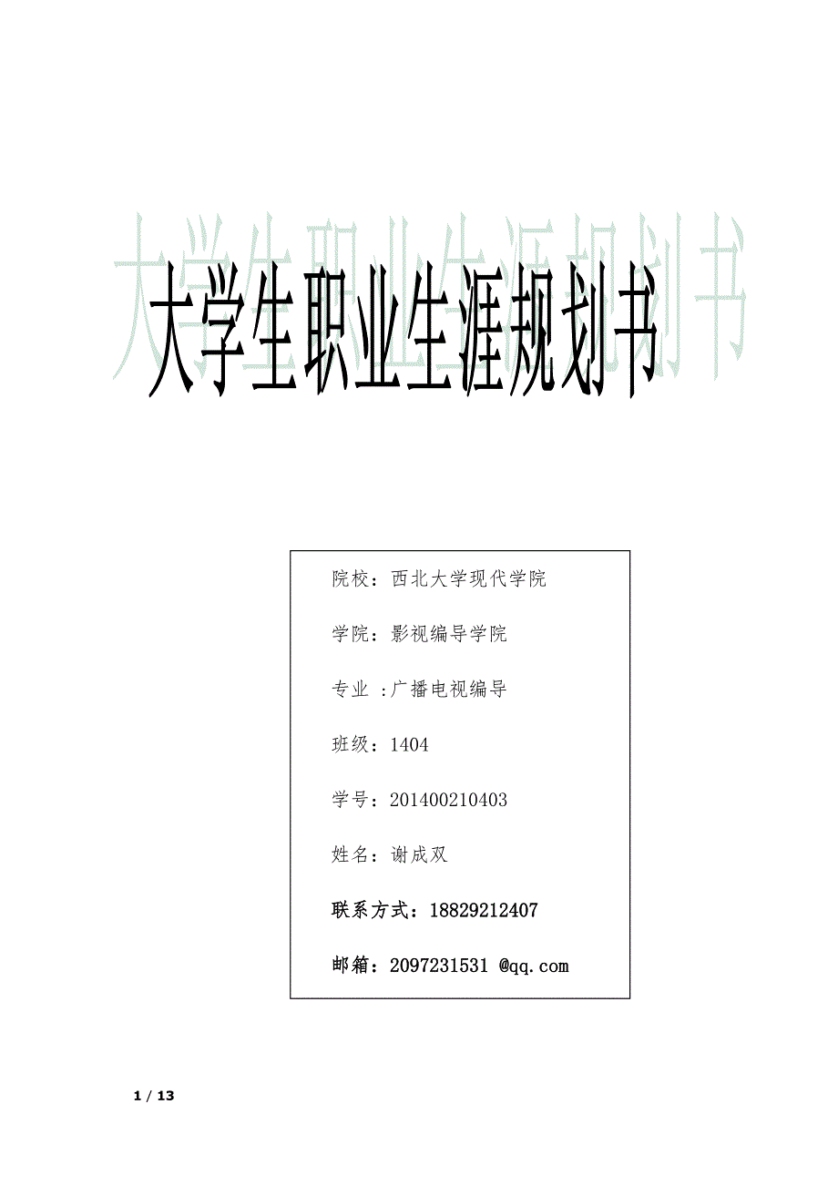 大学生职业生涯规划(影视剪辑师)_第1页