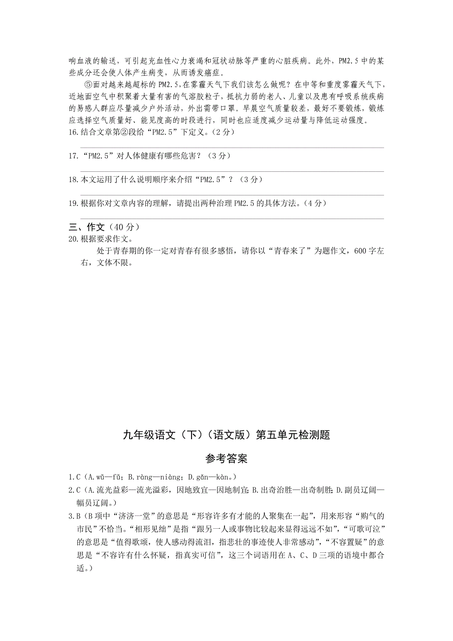 教材全解2016年语文版九年级语文下册第五单元检测题含答案解析_第4页