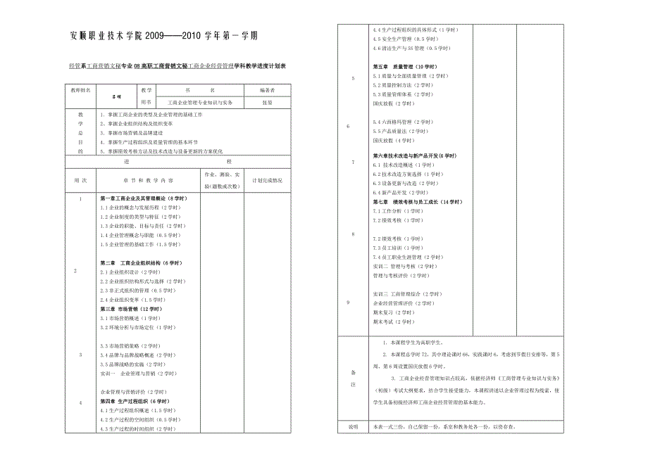 A4版08高职工商营销文秘工商企业经营管理教学计划_第1页