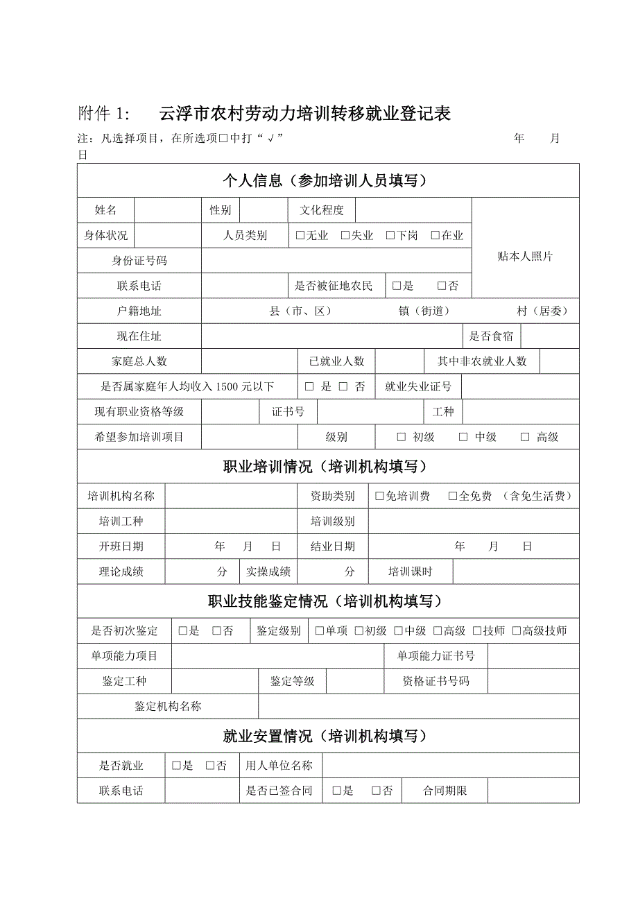 云浮市农村劳动力培训转移就业登记表_第1页