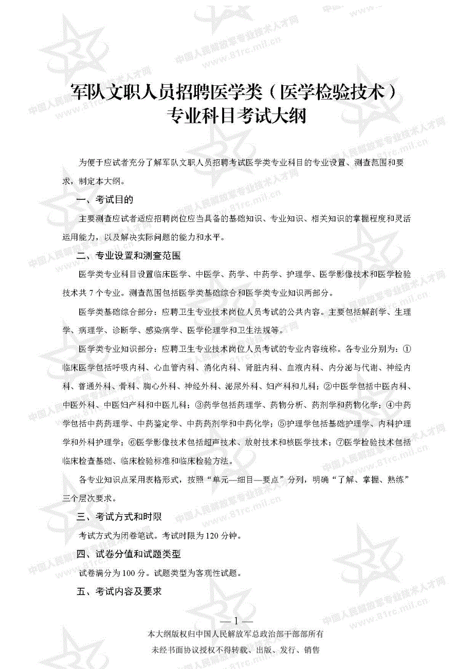 军队文职考试  医学类(医学检验技术)专业科目考试大纲_第1页