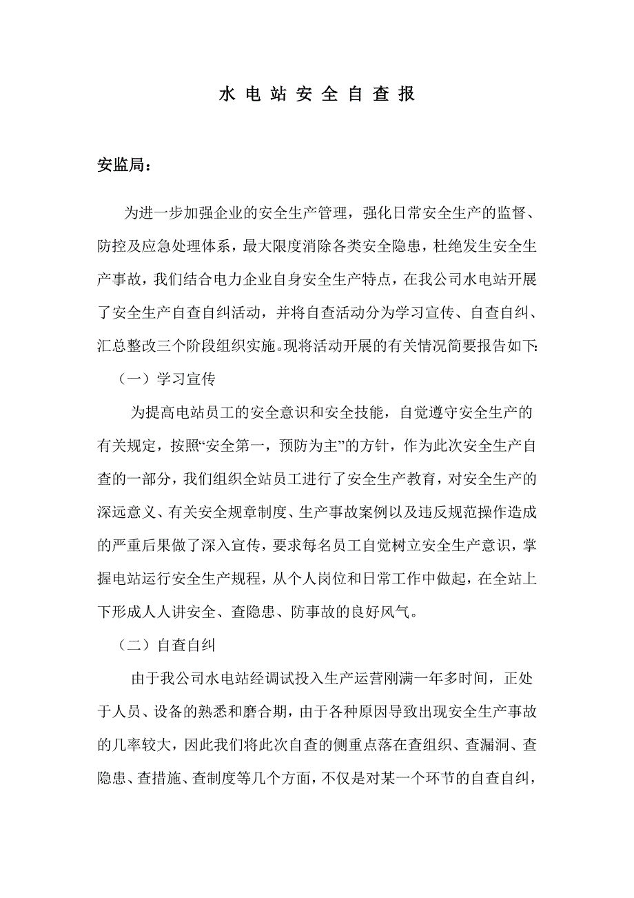 水 电 站 安 全 自 查 报_第1页