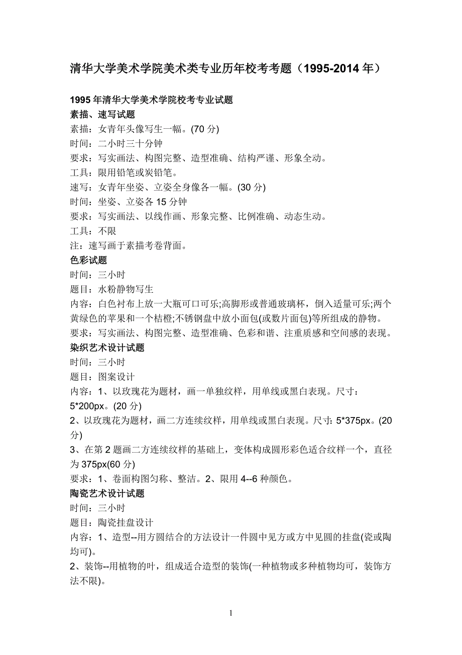 清华大学美术学院美术类专业历年校考考题(1995-2014年)_第1页