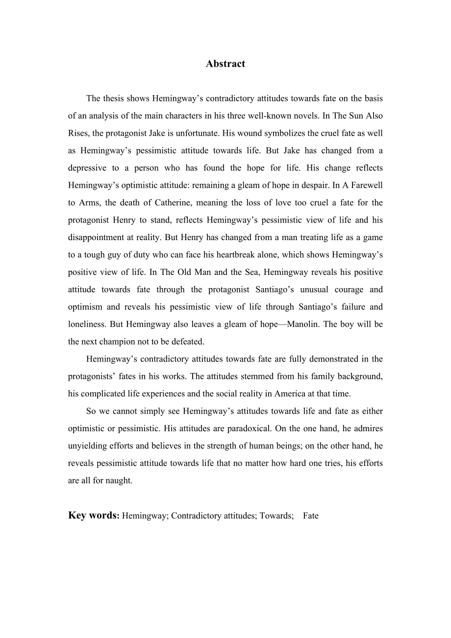 【英语论文】海明威对待命运的矛盾态度在其作品中的体现_第2页