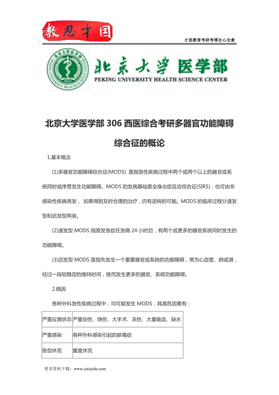 北京大学医学部306西医综合考研多器官功能障碍综合征的概论_第1页