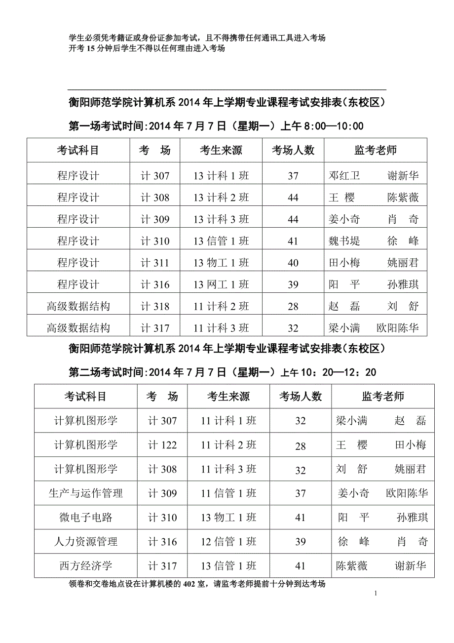 2014年上学期计算机系期末考试安排表定稿(东校区)_第1页