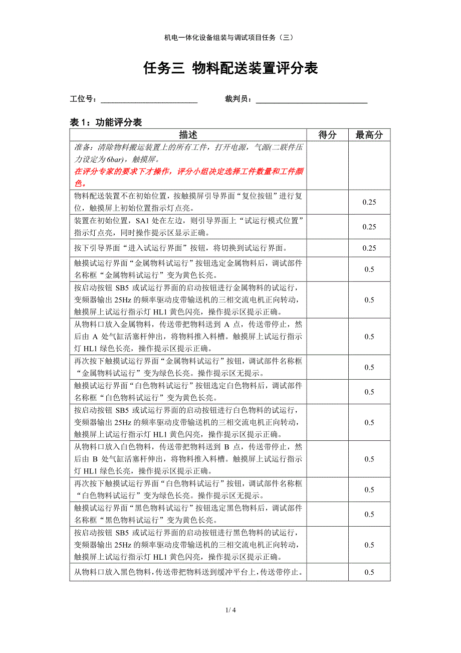 2013年北京市机电一体化设备组装与调试项目任务三评分表_第1页