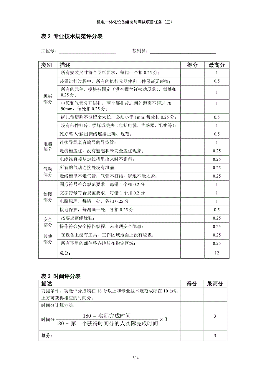 2013年北京市机电一体化设备组装与调试项目任务三评分表_第3页