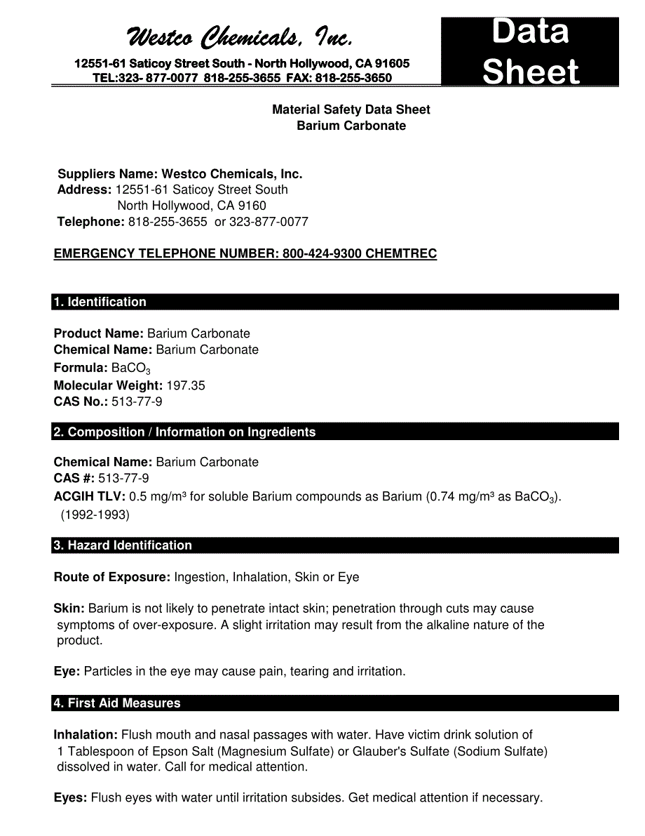 Barium Carbonate 碳酸钡 MSDS_第1页