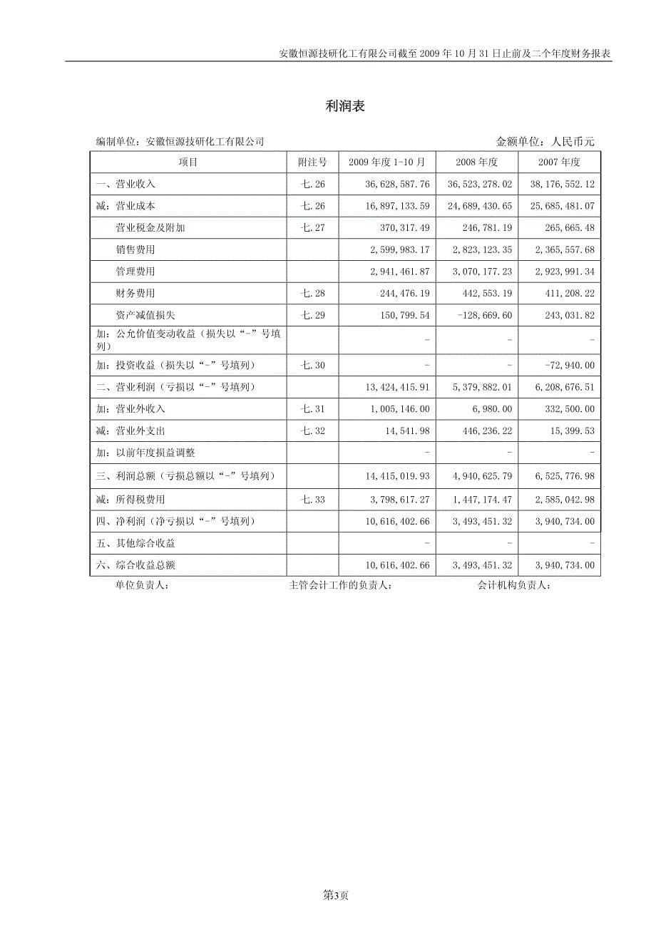 江南化工：安徽恒源技研化工有限公司截至2009年10月31日止及前二个年度财务报表的审计报告2010-01-19_第5页