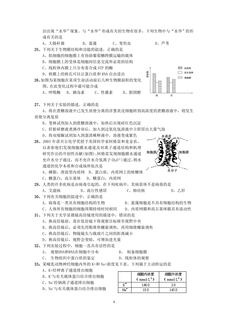 2015届沐川中学高二期中考试生物试题(选修一和必修一)测试卷_Hooker_第4页