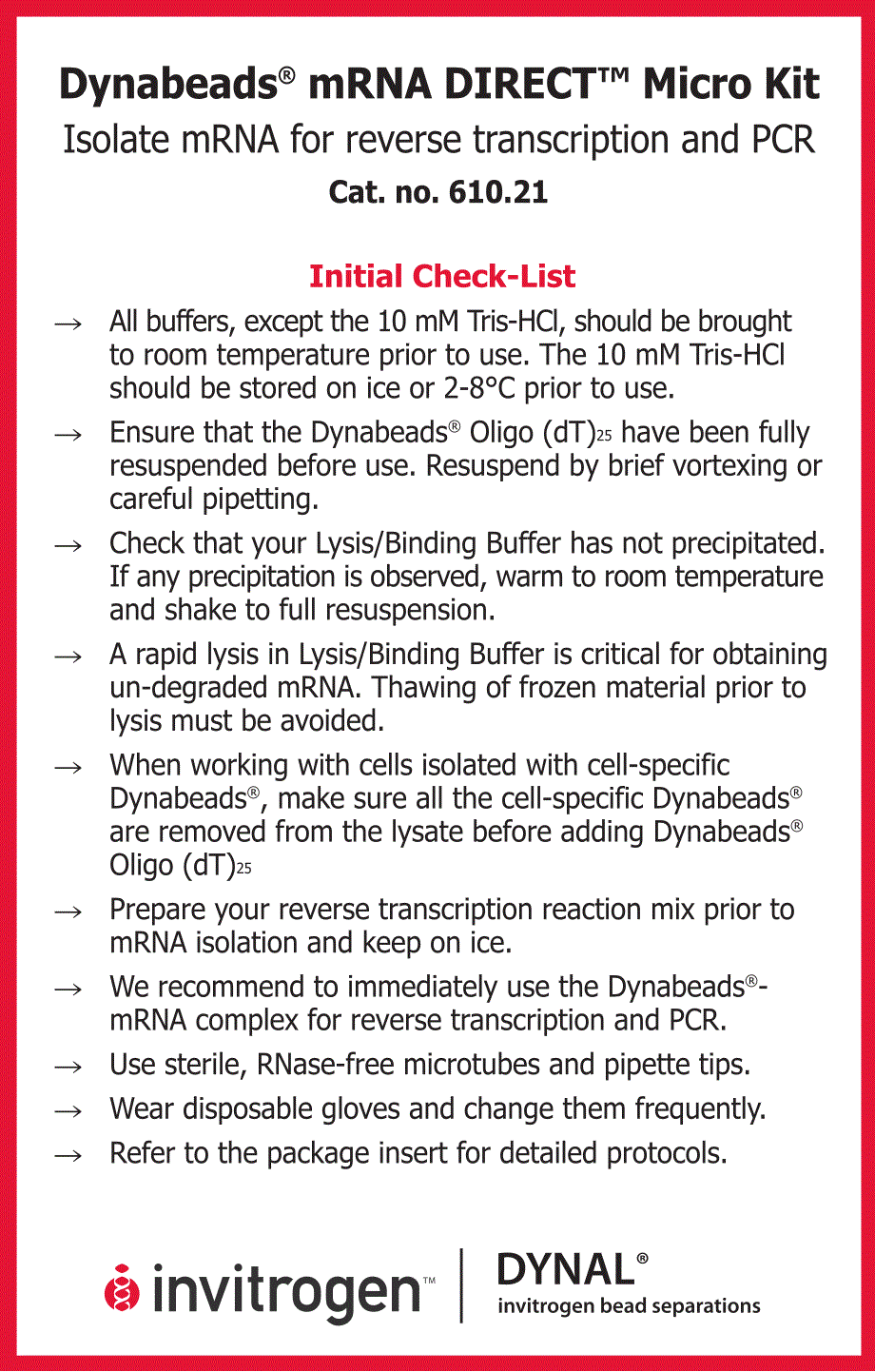 invitrogen 提供资料 dynabeads mRNA DIRECT MICRO KIT_第1页